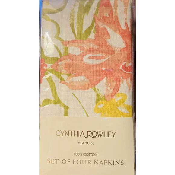 Cynthia Rowley Floral Coral Yellow Blue GreenCloth Napkins Set Of 4 NEW - Picture 1 of 5
